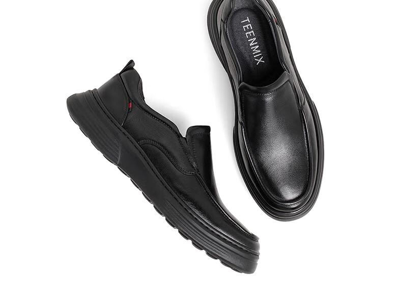 teenmix天美意商场同款简约风商务休闲牛皮革套脚男皮鞋c7h04am2黑色