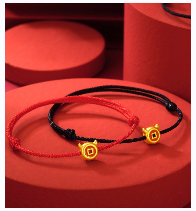 红色年轮 黄金生肖牛手链女 足金小金牛转运珠向钱犇牛年本命年红绳