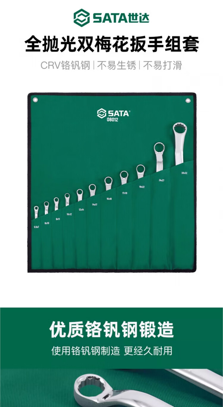 SATA 11-Piece Fully Polished Double-Ended High-Neck Combination Wrench Set 5.5X7-30X32mm 08012 1