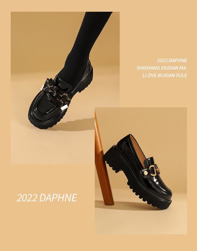 DAPHNE Women's Loafers, Spring And Autumn 2022 Thick-Soled British Style Leather Shoes, Slip-On Flats for Women Summer, Obsidian Black [Two Types of Accessories Available, Can Be Salty Or Sweet] Size 35 10