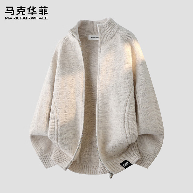 马克华菲新款纯色毛衣男士美式风简约舒适复古针织衫开衫上衣 杏色 M