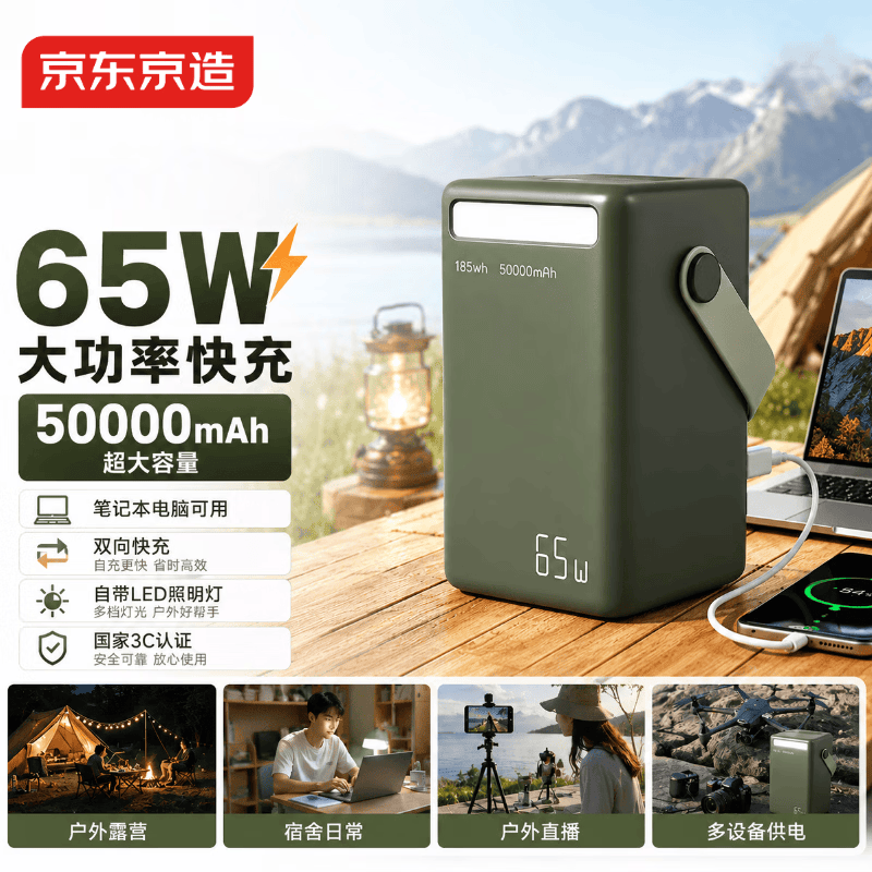 京东京造【宿舍露营必备】65W快充50000毫安充电宝3c认证京东自营户外移动电源数显LED照明适用