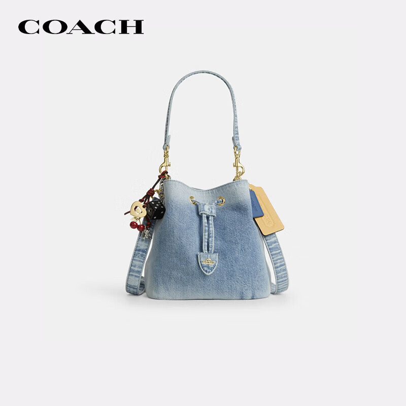 蔻驰（COACH）【品牌直供】女士ROWAN中号单肩丹宁水桶包浅靛蓝CER76礼物次日达