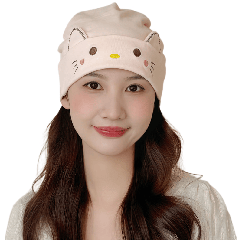婧麒（JOYNCLEON）月子帽春秋款纯棉A类猫脸护额防头风可戴大头围折叠帽黄Jym222908