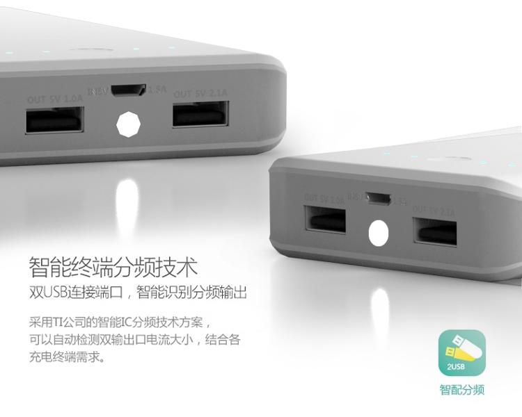 
                                        飞毛腿 GL20000 LED灯 移动电源/充电宝 20000毫安 灰色 双USB输出 适用于苹果/三星/华为/小米                