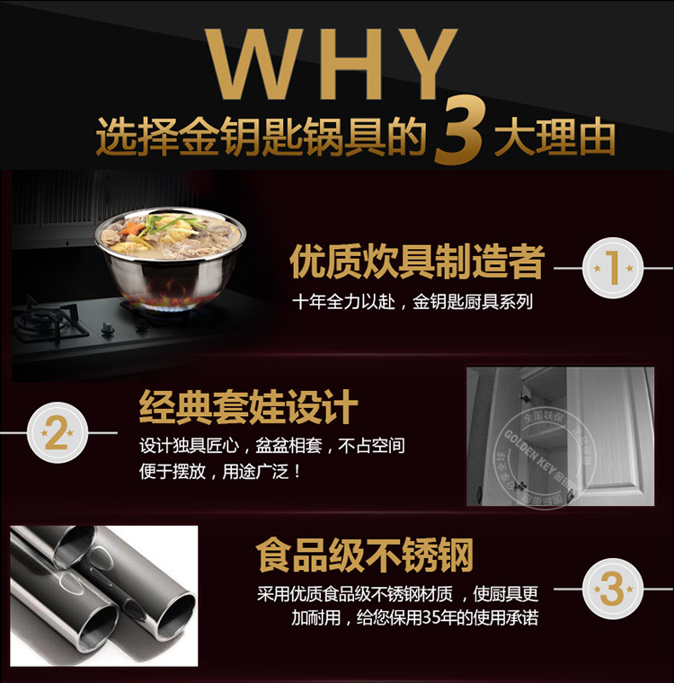 
                                        金钥匙（GOLDEN KEY）调料盆三件套 不锈钢汤盆套装 GK-B4-A                