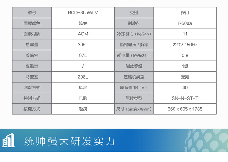 统帅（Leader）BCD-305WLV 305升 变频风冷无霜 多门冰箱（欧式设计 香槟金）海尔 荣誉出品