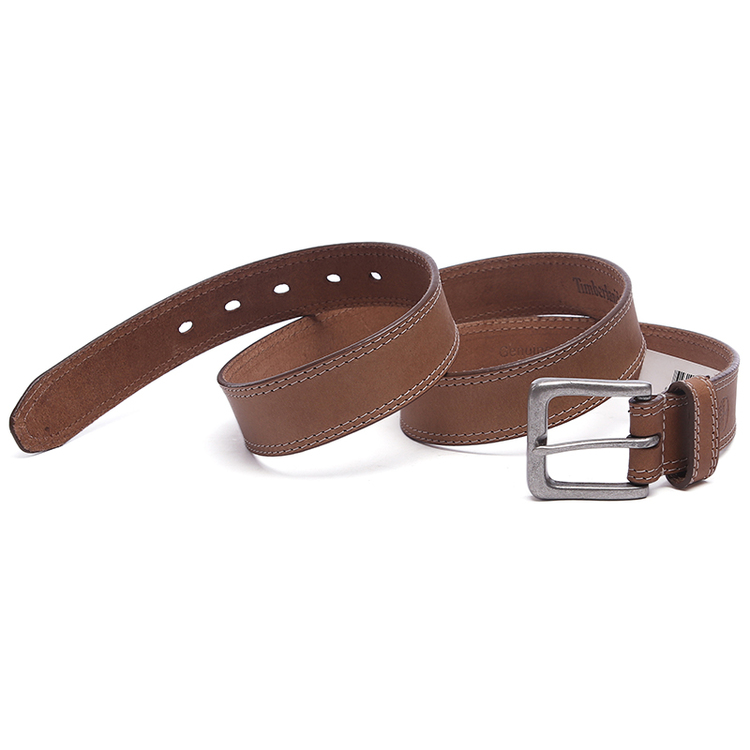 timberland 添柏岚 男士卡其色牛皮双缝线装饰银色针扣腰带皮带 b75