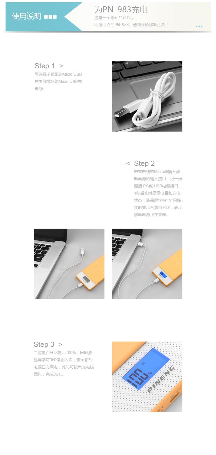 
                                        品能 10000毫安 移动电源/充电宝 聚合物 双USB输出 PN-983 经典白                