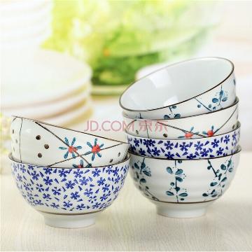 
                                        山田烧陶瓷碗套装 釉下彩(4.5英寸)米饭碗日式和风餐具(6只装) 混色装                