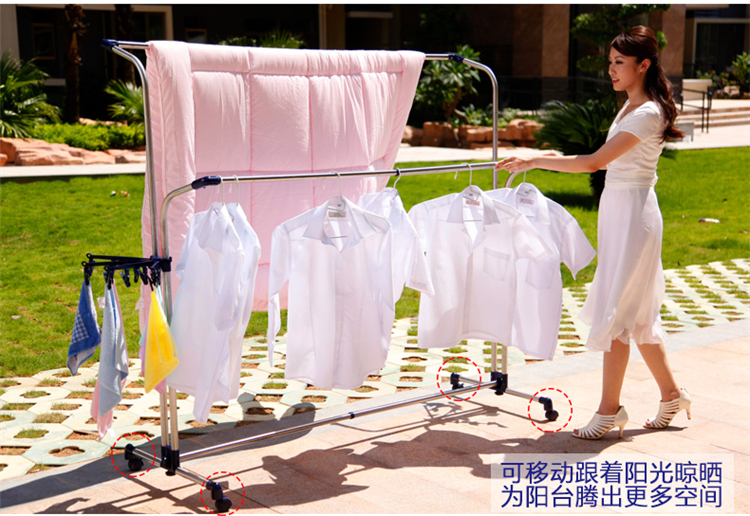 
                                        
                                                                                宝优妮晾衣架落地式阳台室内双杆可伸缩凉台衣服架不锈钢户外大型可调高低带轮移动家用晒被架晒衣架                