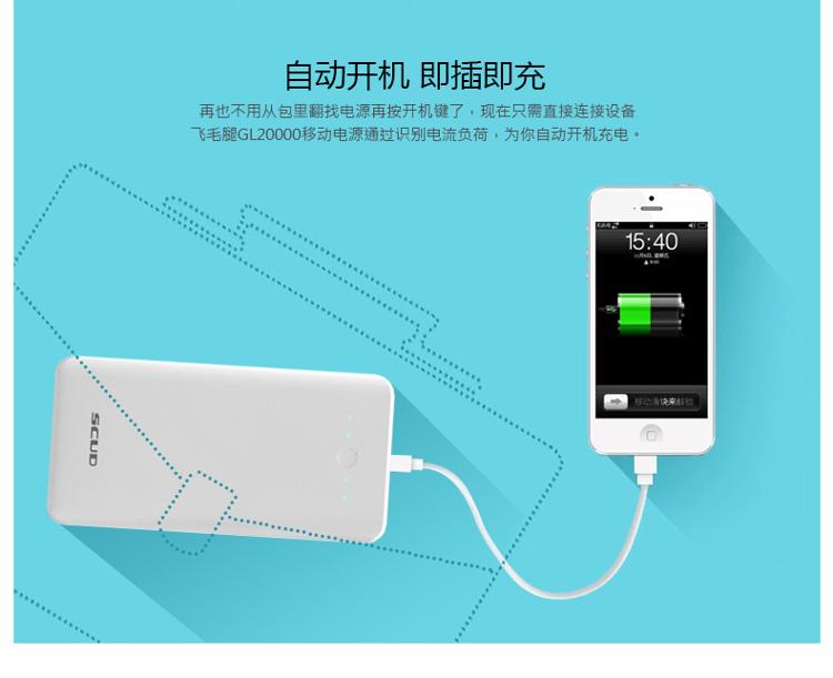 
                                        飞毛腿 GL20000 LED灯 移动电源/充电宝 20000毫安 灰色 双USB输出 适用于苹果/三星/华为/小米                