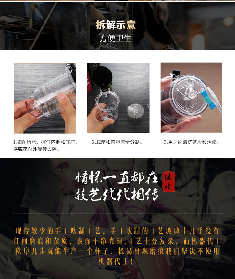 绿珠lvzhu 飘逸杯可拆洗内胆 套装一壶四杯一茶盘1000ml居家办公纯手工吹制高硼硅耐热玻璃泡花草茶壶Q739