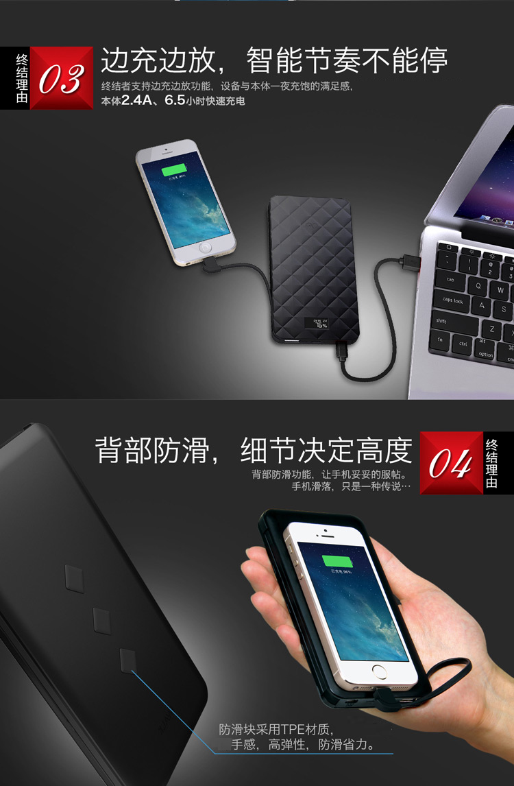
                                        爱沃可（iWALK）10000毫安移动电源/充电宝 便携自带iPhone/安卓线 黑色 适用于苹果/三星/vivo/华为手机                
