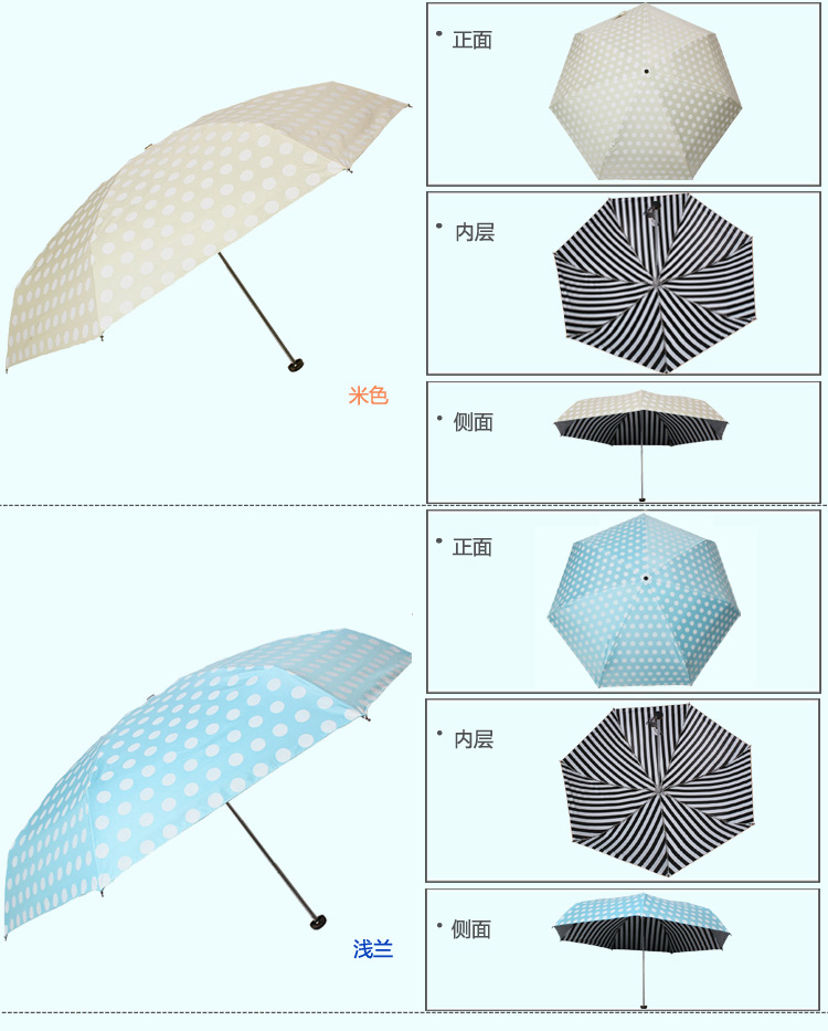 天堂伞 经典条纹黑胶防紫外线五折超轻晴雨伞 湖绿 53001E