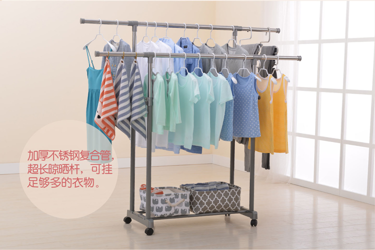 
                                        日益新 晾衣架 衣架 加粗加长不锈钢双杆落地可升降伸缩移动阳台室内晒衣架 免打孔晾衣杆衣服架 RYX-03-002B                