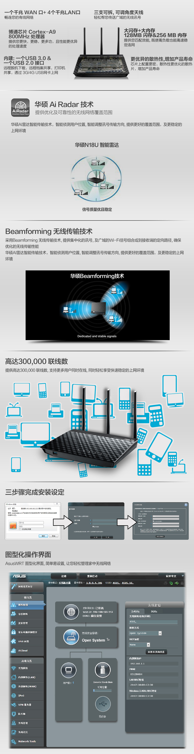 华硕（ASUS）RT-N18U 600M 低辐射 智能无线路由器