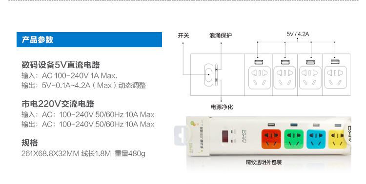 
                                        爱家（AIKa） NP001 牛X 家居版 时尚4孔位国标5孔插座、插线板 4独立USB充电器 安全插排                