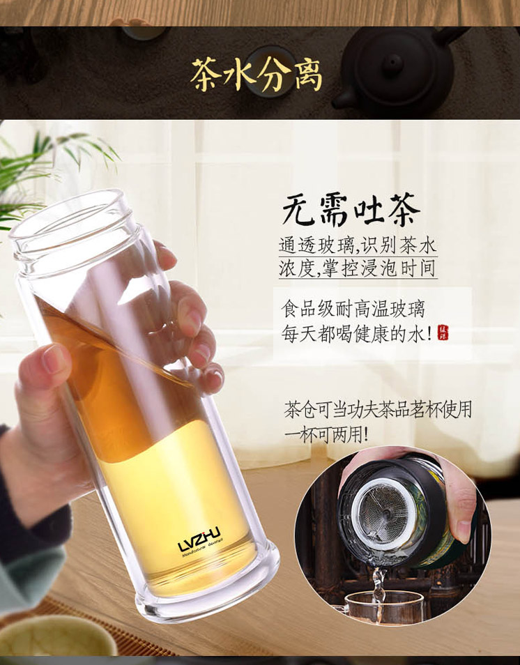 绿珠lvzhu 400ml玻璃杯双层防烫茶水分离 男女士便携办公泡茶杯B656