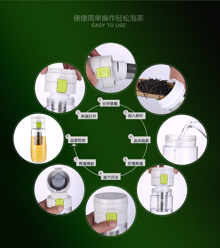 绿珠lvzhu 500ml休闲风格便携防漏旅行运动茶水分离随手塑料水杯PC528浅灰色