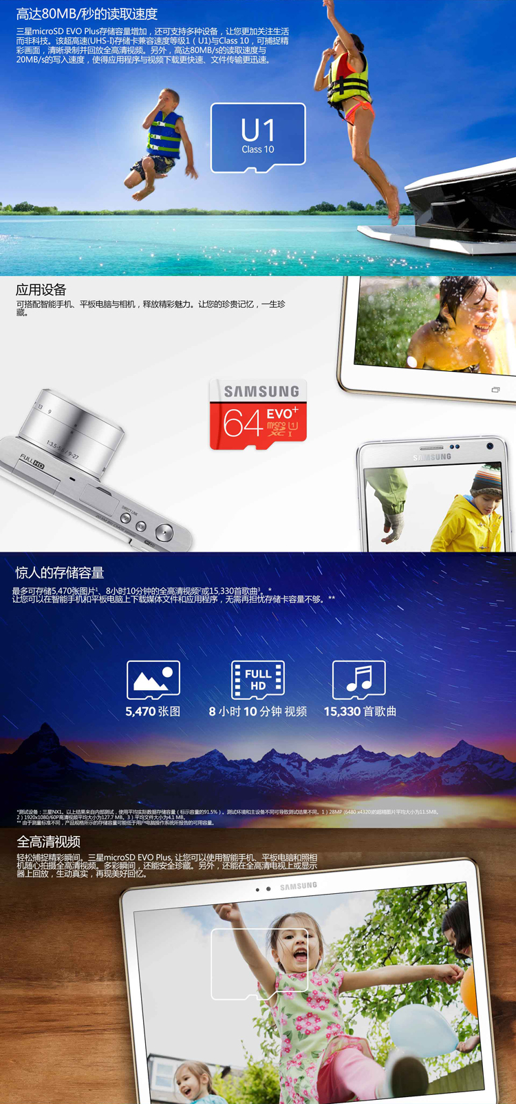 
                                三星（SAMSUNG）64GB UHS-1 Class10 TF(Micro SD)存储卡（读速80Mb/s）升级版            