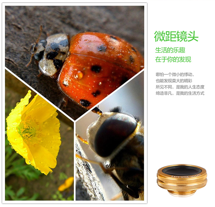 
                                        毕亚兹 手机镜头 自拍摄像镜头 广角 微距 鱼眼镜头 圆弧版 A9-金                