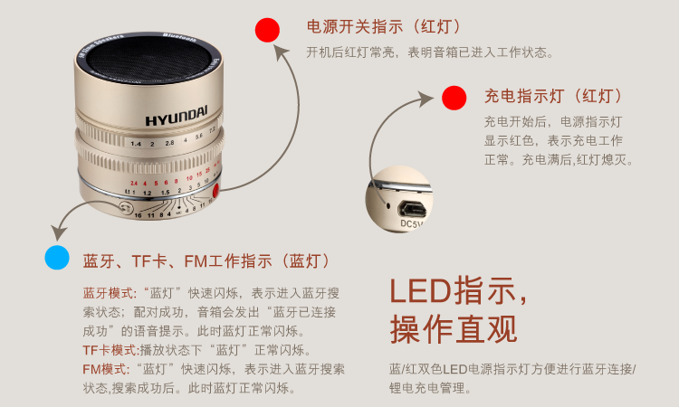 现代（HYUNDAI) i600 PRO 黑色 无线蓝牙音箱 NFC功能+360度音量调节+语音通话+插卡播放+调频收音+超长待机