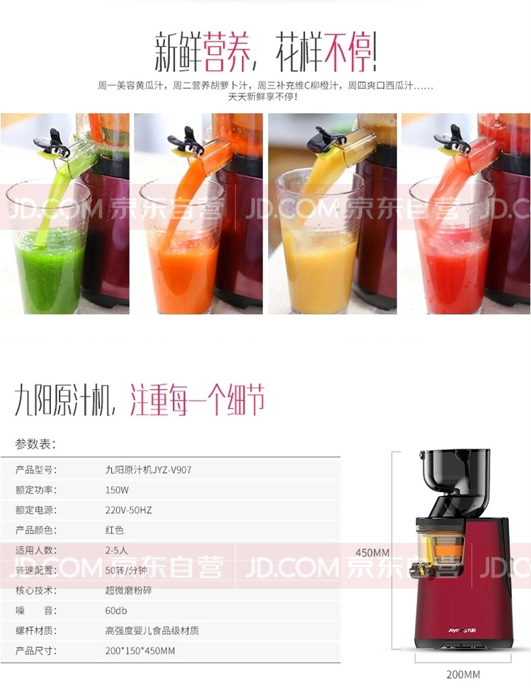 九阳（Joyoung）原汁机大口径原汁机JYZ-V907家用低速原汁机