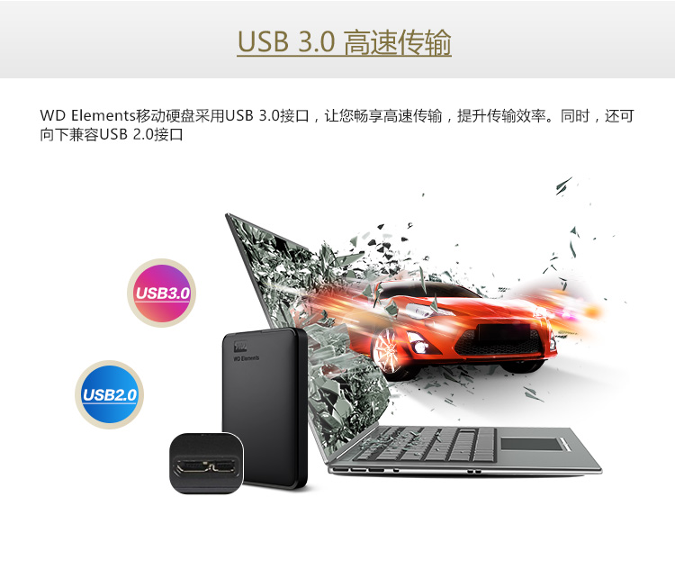 西部数据(WD)1TB USB3.0移动硬盘Elements 新元素系列2.5英寸(稳定耐用 海量存储)