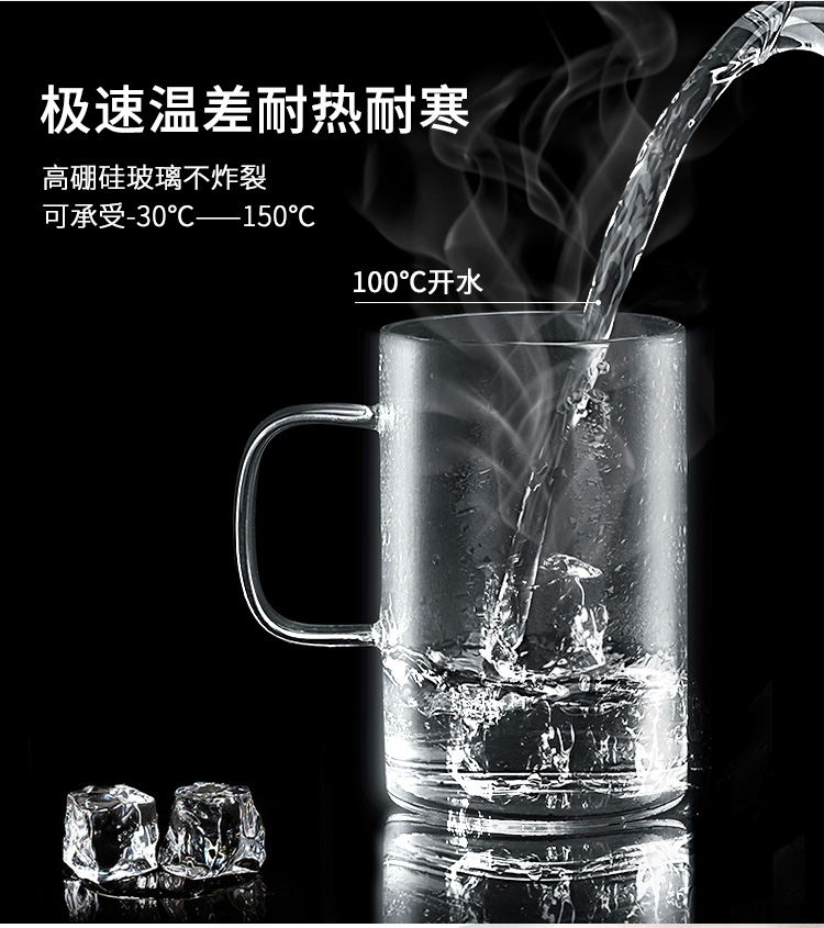佳佰 480ml办公茶杯 纯手工吹制加厚高硼硅玻璃杯 带把带盖过滤花草水杯子