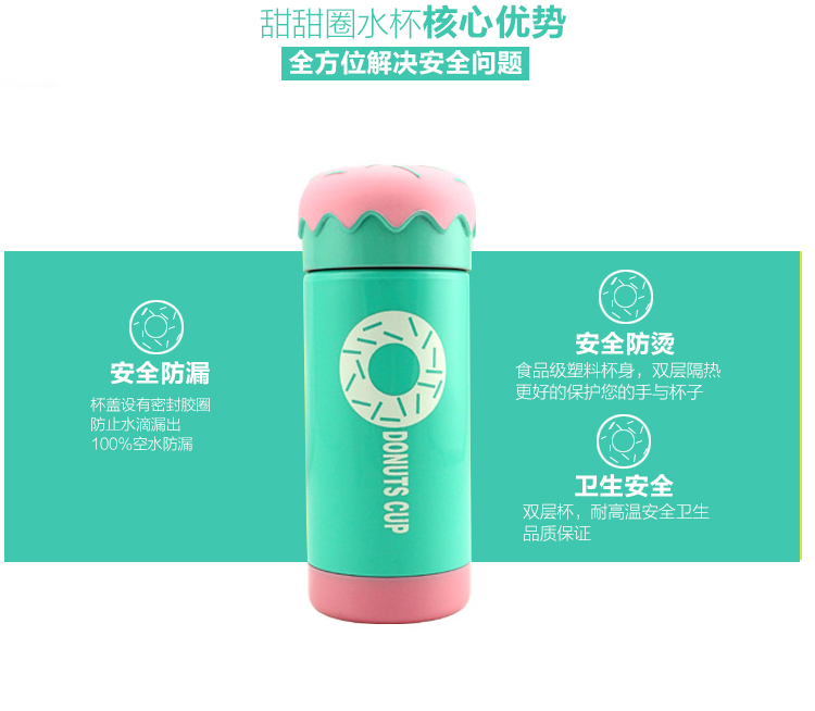 
                                        贝瑟斯 创意甜甜圈水杯 双层隔热防漏学生运动水杯 绿色 HN-105                