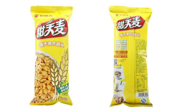 【食品名称】:好丽友 甜天麦 原味 【配料】:小麦,植物油,焦糖味调味