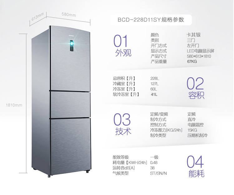 容声(ronshen)bcd-228d11sy 228升三门冰箱 电脑控温