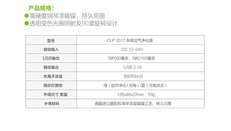 
                                        飞利浦 DLP2017 双USB 车载充电器负离子发生器二合一（车充+负离子氧吧）5V/2.1A 黑色 有空气净化功能                