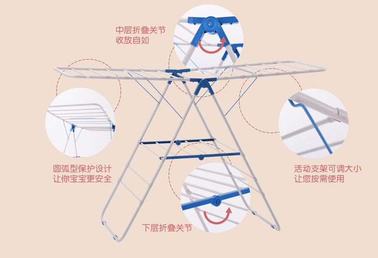 
                                        
                                        日益新 晾衣架 衣架 翼型落地折叠阳台室内晒衣架 免安装多用途婴儿尿布衣架子 粉色 RYX-02-002B                