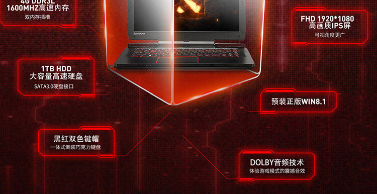 联想（Lenovo）拯救者 14.0英寸游戏笔记本电脑i5-4210H 4G 1T GTX960M 2G独显 FHD IPS屏 Win8.1）黑色