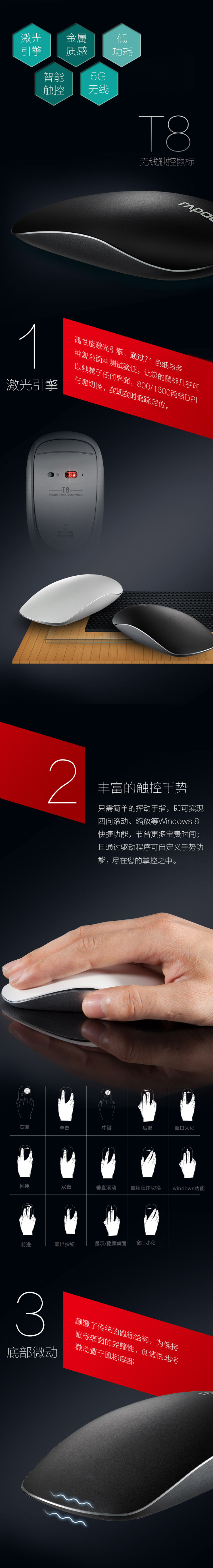 雷柏（Rapoo）T8 无线触摸鼠标 白色