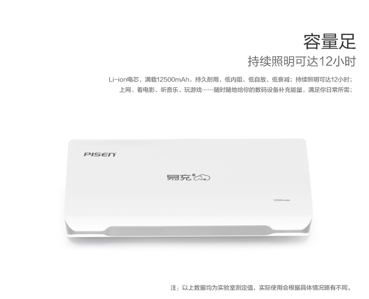 品胜 易充四代户外版 移动电源/充电宝 12500毫安 白色 LED手电照明 适用于苹果/三星/华为/小米手机/平板等