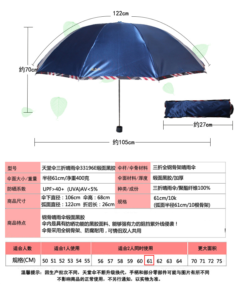 天堂伞 加大加固缎面黑胶格子布包边防紫外线三折钢杆钢骨超大商务晴雨伞 墨绿 33196E