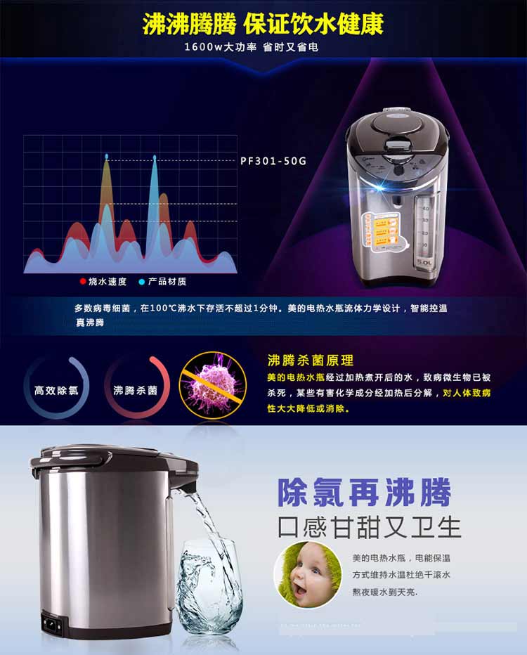 美的（Midea）电热水瓶5L 304不锈钢电水壶 2温控电热水壶 双层拉丝烧水壶 PF301-50G