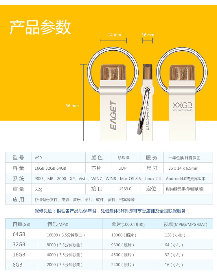 
                                        忆捷（EAGET）32GB USB3.0 U盘 V90双接口OTG高速全金属安卓手机电脑多用车载优盘                