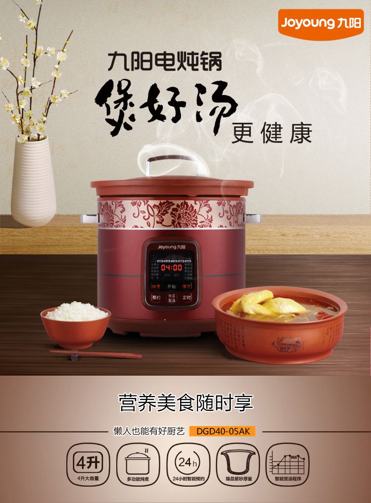 九阳（Joyoung）DGD40-05AK紫砂锅4L电炖锅多功能紫砂煲（炖盅煲粥、可预约）