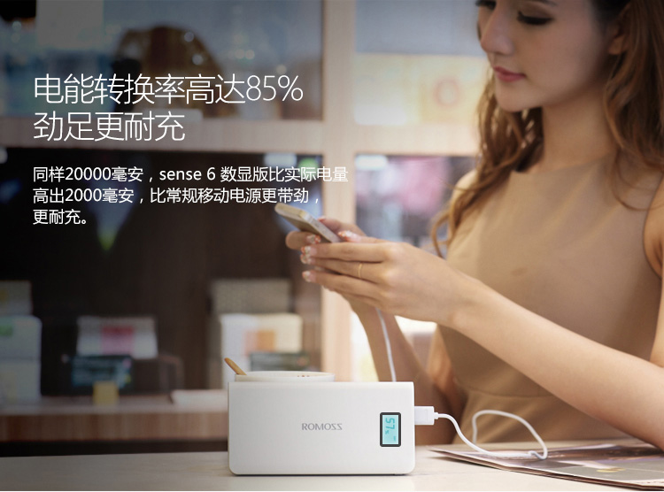 
                                        罗马仕（ROMOSS）sense6Plus 移动电源/充电宝20000毫安 苹果/安卓手机/平板通用 数显屏 聚合物电芯 白色                