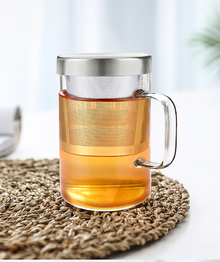 佳佰 480ml办公茶杯 纯手工吹制加厚高硼硅玻璃杯带把带盖过滤花草水杯子