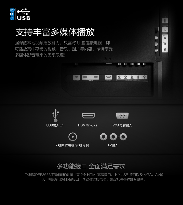 飞利浦（PHILIPS）55PFF3655/T3 55英寸 全高清LED液晶电视（黑色）