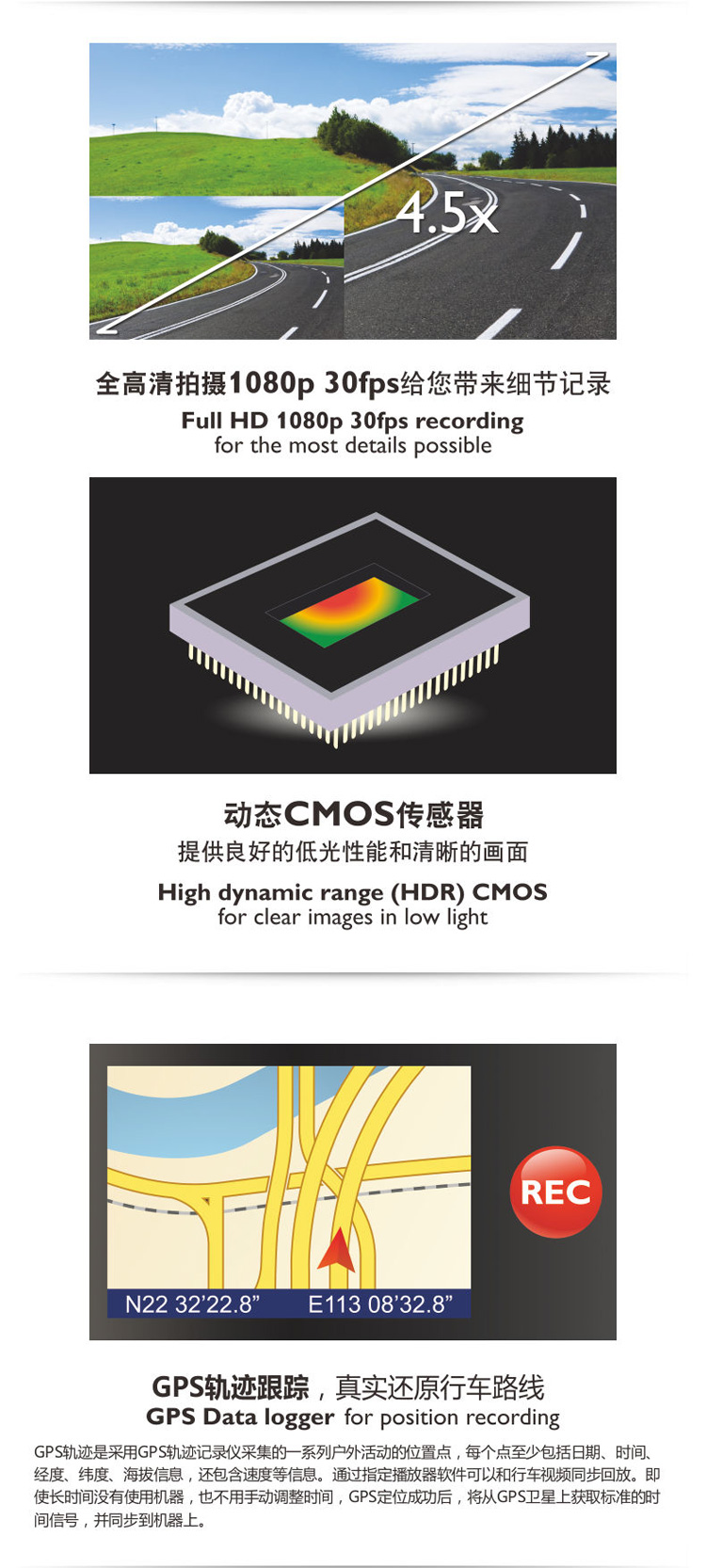 飞利浦（PHILIPS）CVR700行车记录仪 重力感应紧急视频GPS追踪自动同步卫星时间全高清1080P
