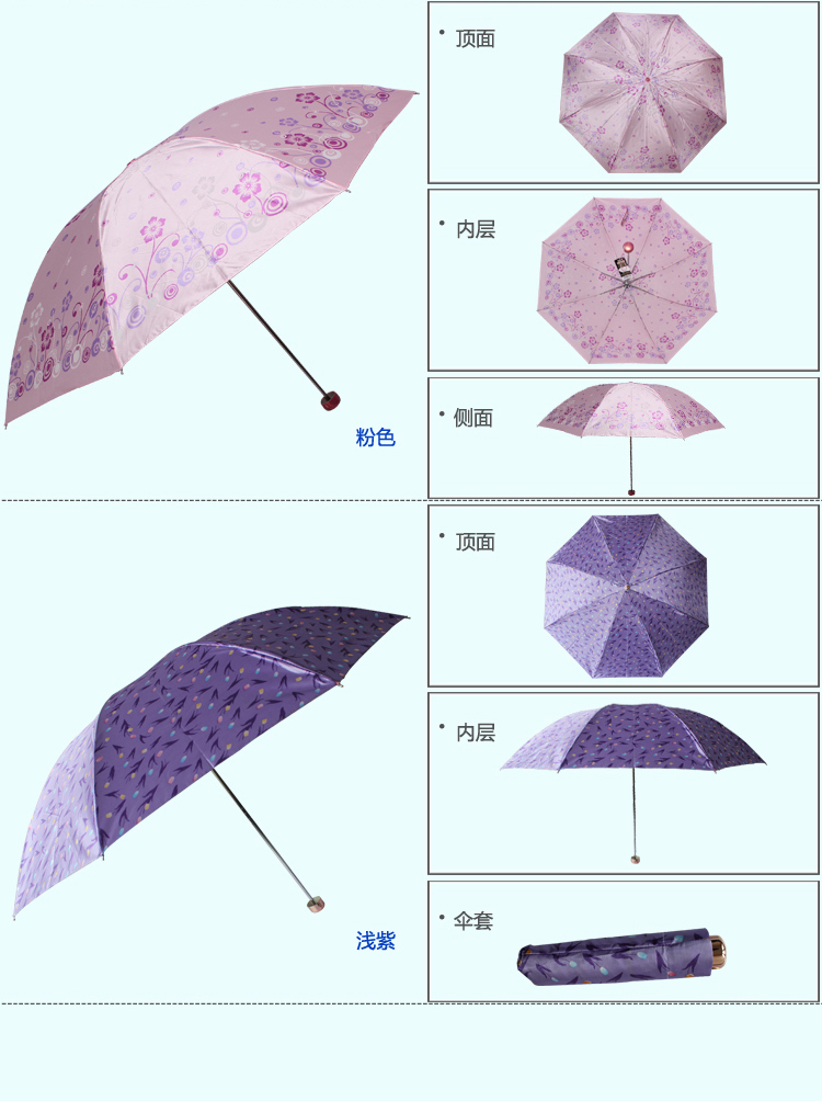 天堂伞 花色丁高密聚酯防紫外线三折钢伞晴雨伞 淡湖兰 308T