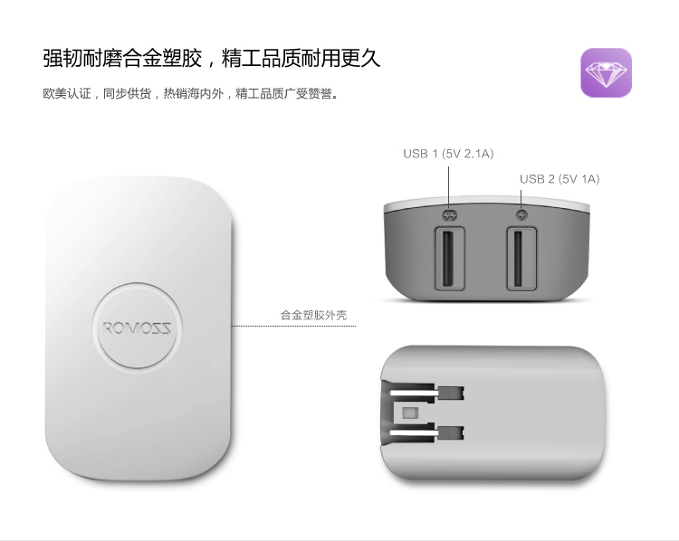 罗马仕(ROMOSS)iCharger12适配器 2.1A 手机通用双USB旅行充电头