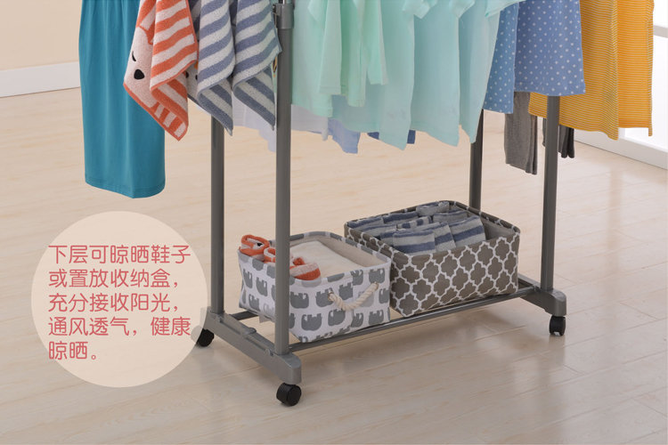 
                                        日益新 晾衣架 衣架 加粗加长不锈钢双杆落地可升降伸缩移动阳台室内晒衣架 免打孔晾衣杆衣服架 RYX-03-002B                