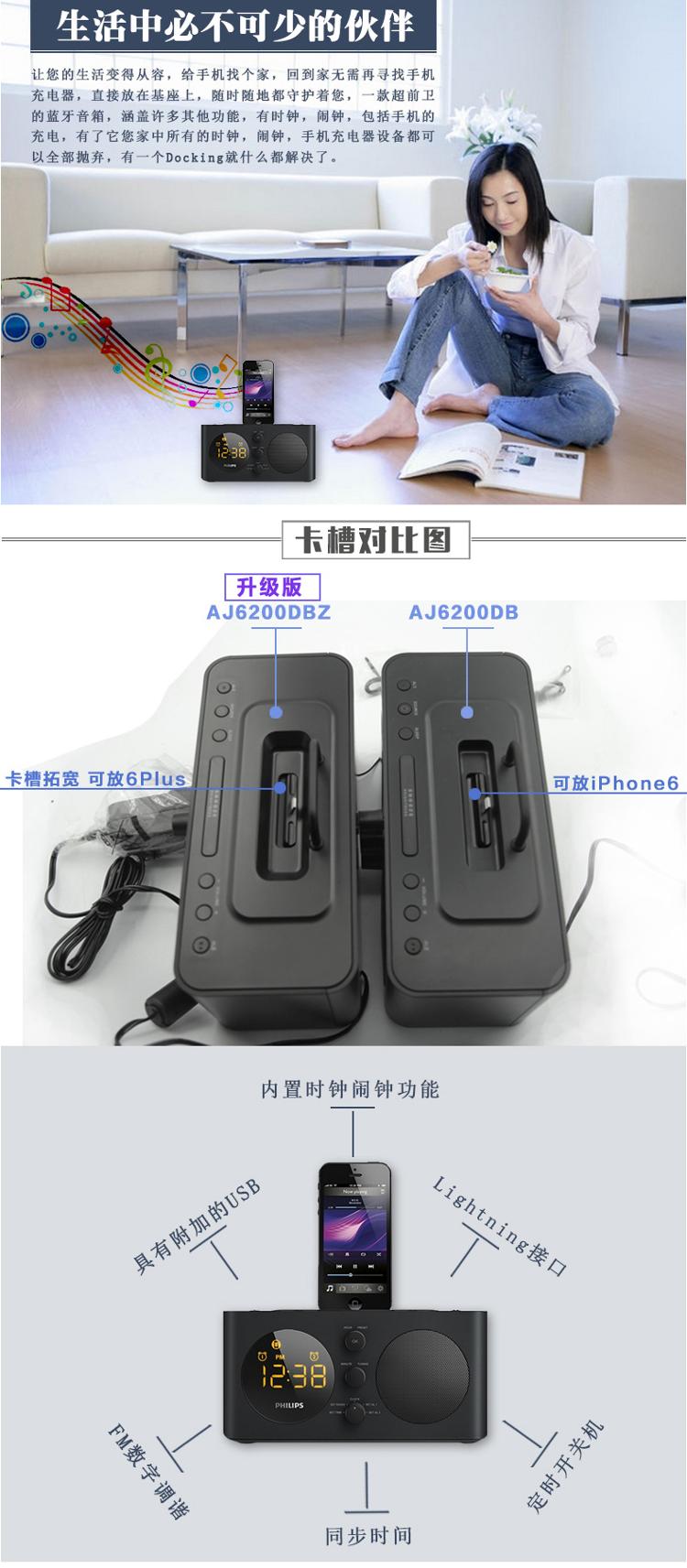 
                                飞利浦（PHILIPS）AJ6200DBZ苹果iPhone6S/6Plus/5/5s充电器 音乐基座音响 家居音箱 时钟/FM收音机 黑色            
